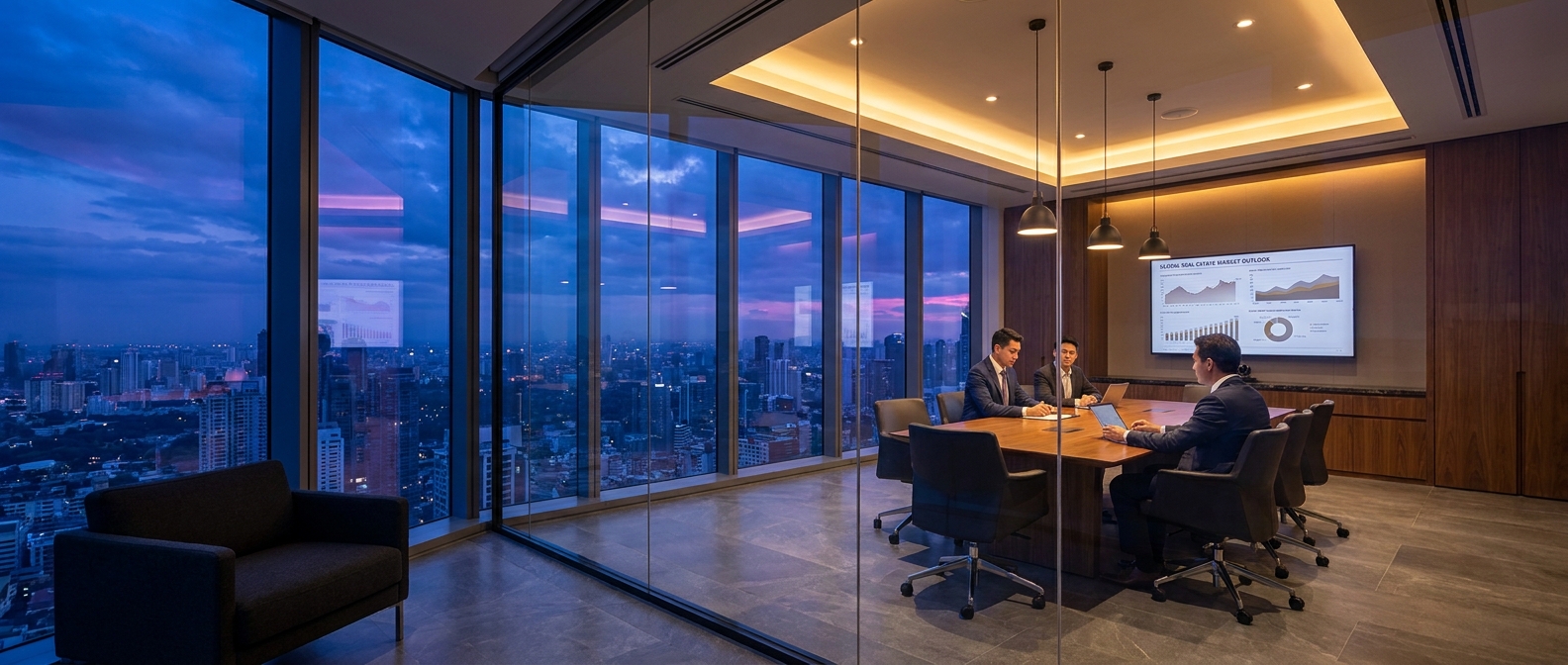 Analysts reviewing a real estate market outlook presentation on a boardroom screen at twilight