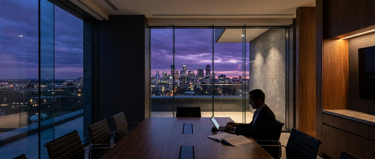 Investor reviewing accredited investor verification documents and a tablet at a boardroom table