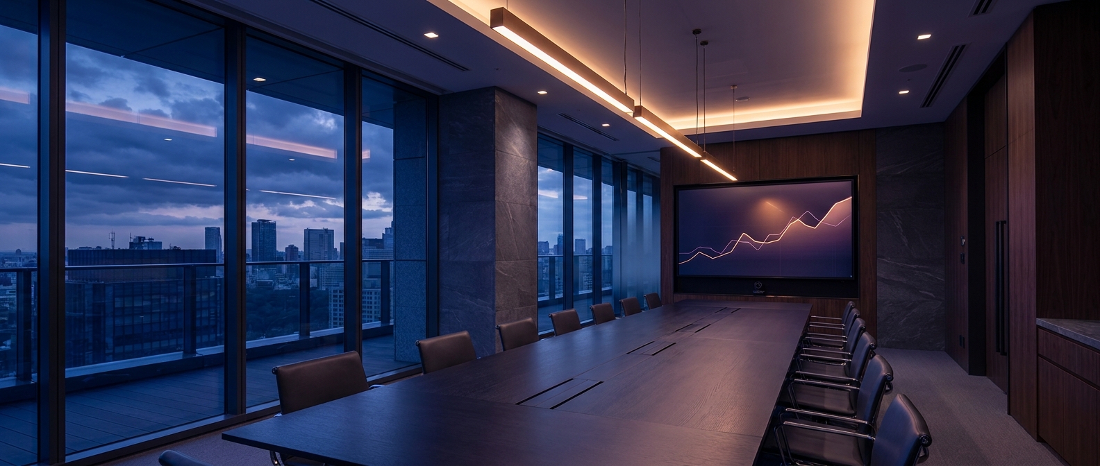 Commercial real estate price index chart displayed on a boardroom screen at twilight