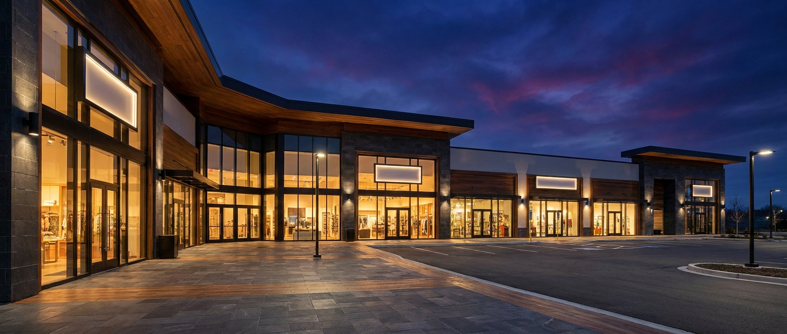 Modern grocery-anchored retail shopping center exterior glowing at twilight