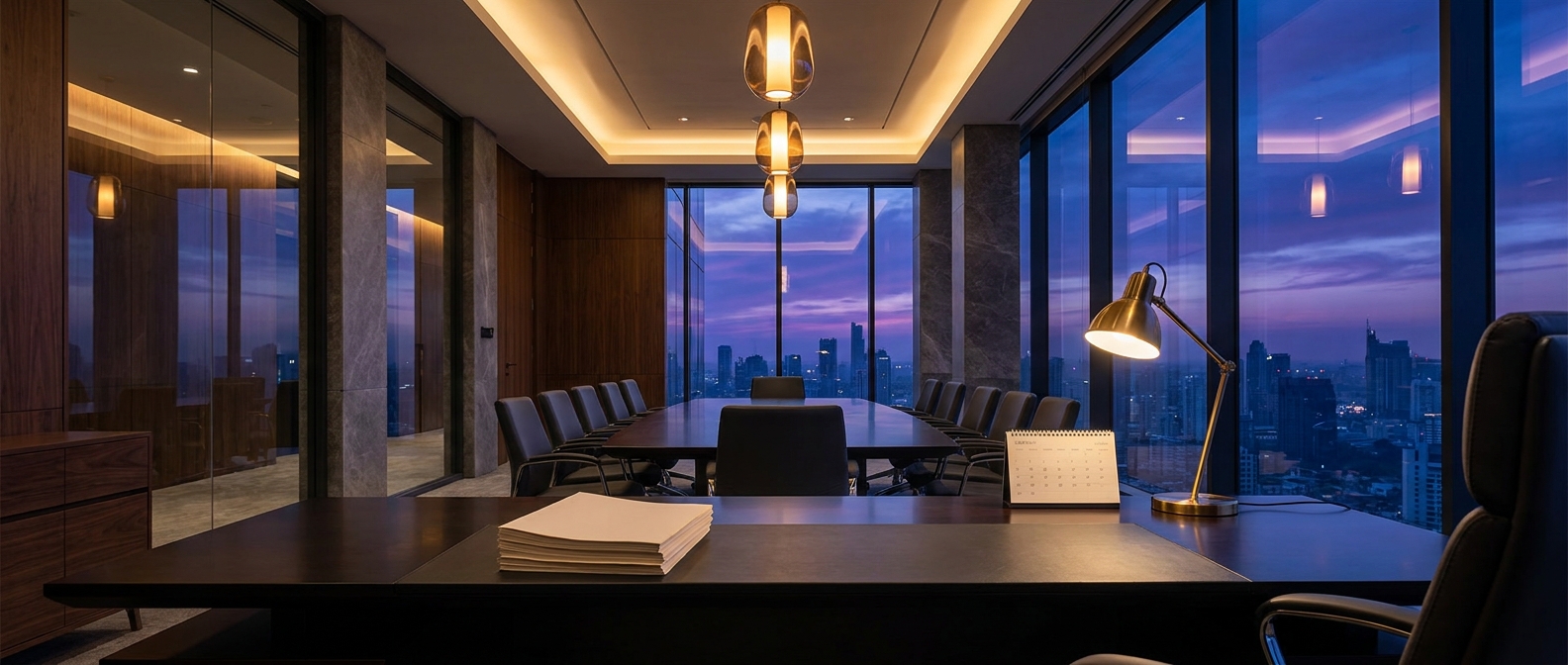 Stacked loan documents and a calendar on a boardroom table, symbolizing the commercial real estate debt maturity wall