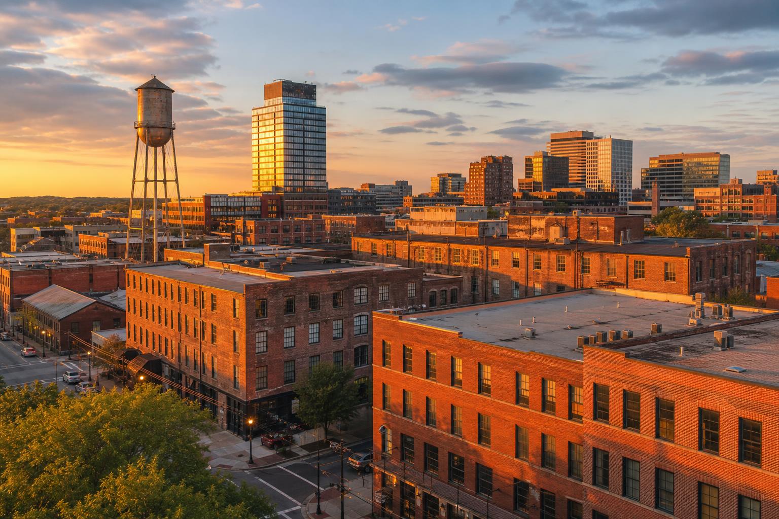 Downtown Durham, North Carolina's historic tobacco warehouse district at golden hour