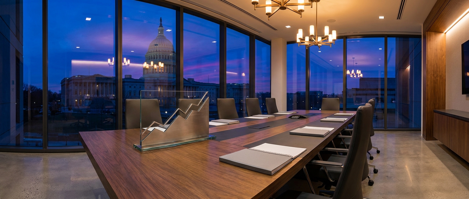 Interest rate chart and monetary policy documents on a boardroom table with a government building visible at dusk
