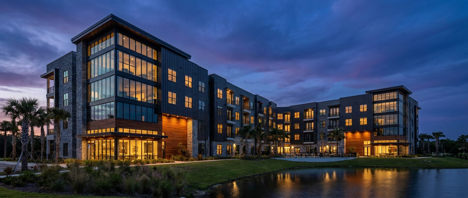 Modern coastal Florida multifamily apartment building at twilight with palm trees