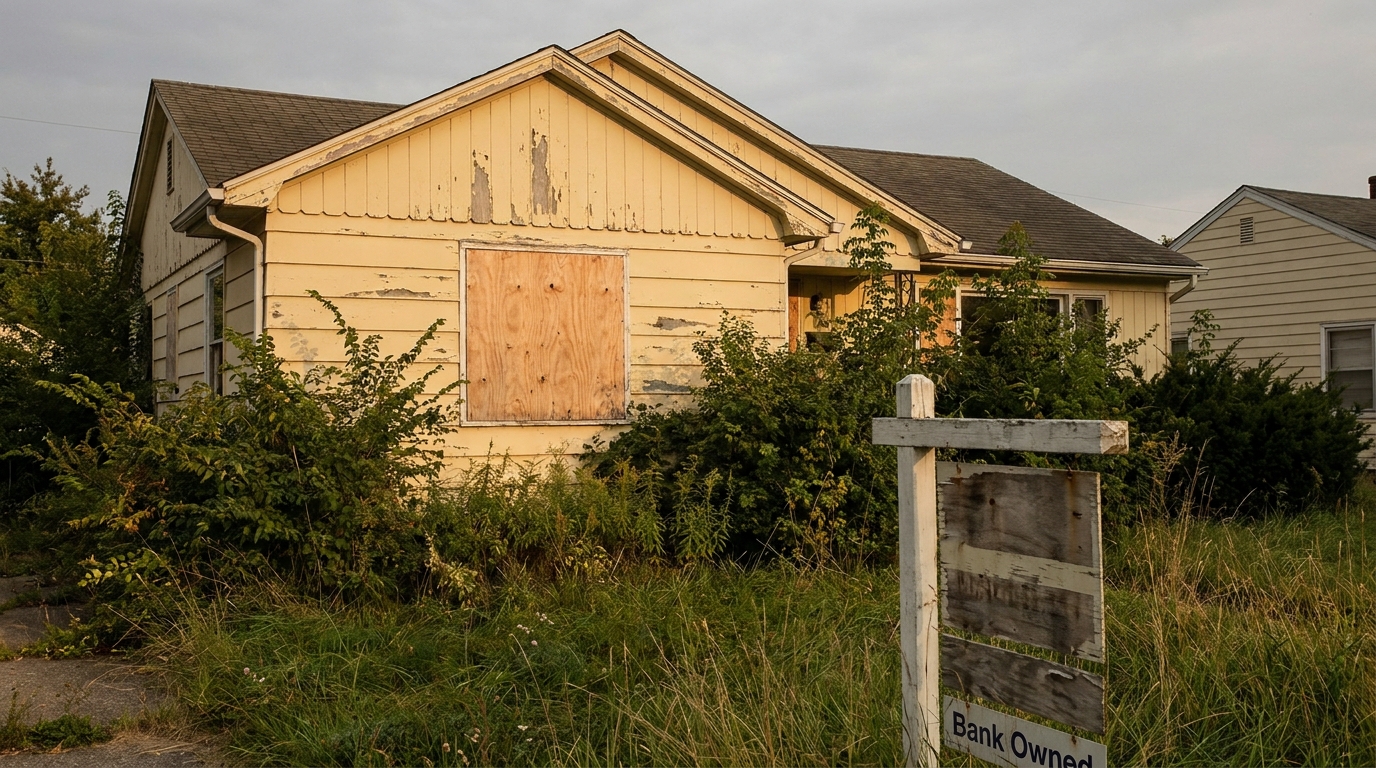A distressed, bank-owned single family home exterior with an overgrown lawn and a boarded window