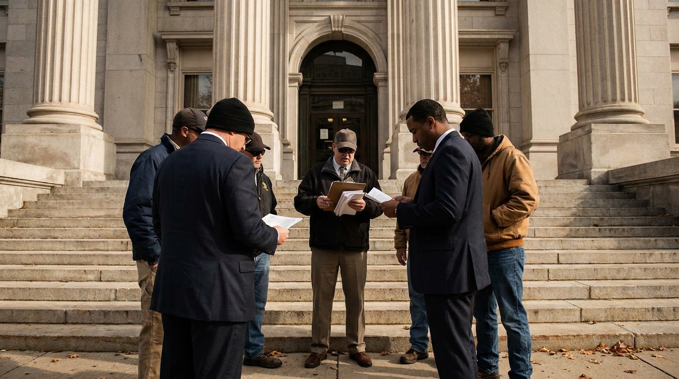 Investors and an auctioneer at a real estate foreclosure auction on the steps of a county courthouse