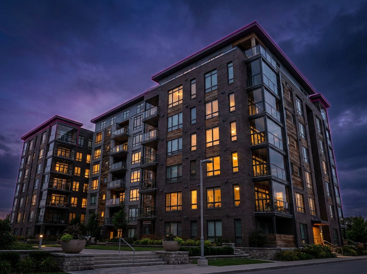 Modern multifamily apartment building at dusk, representing tangible real assets as a portfolio anchor