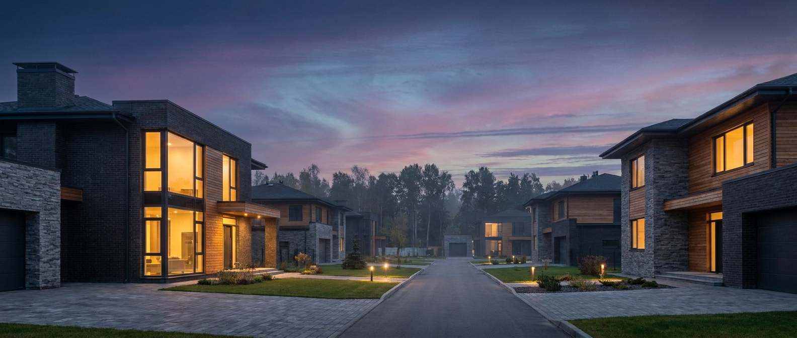 Suburban single-family housing development glowing at twilight