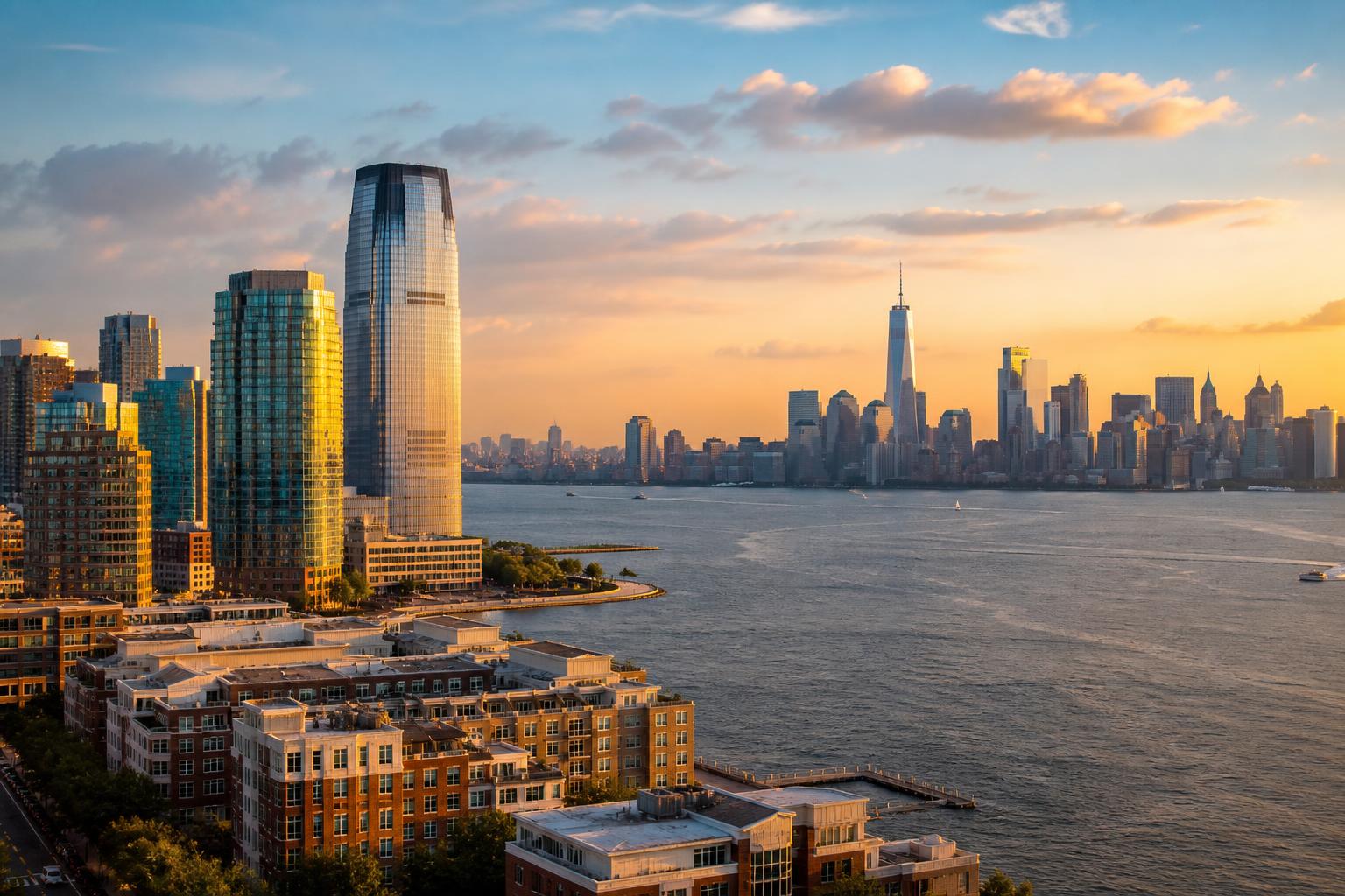 Jersey City skyline along the Hudson River waterfront with the Manhattan skyline in the background at golden hour