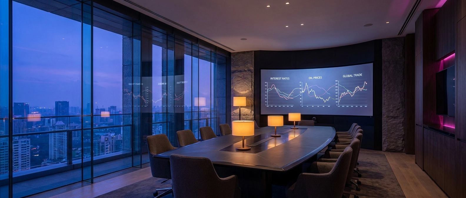 Interconnected macroeconomic charts projected on a boardroom screen at twilight