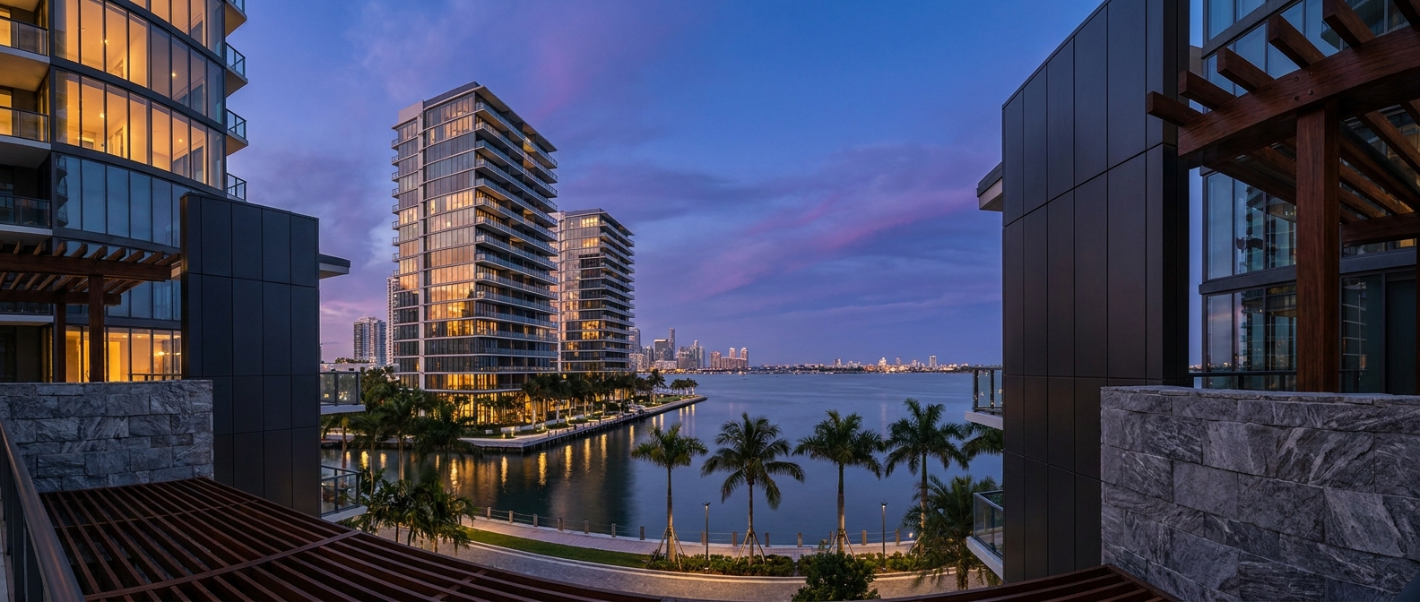Miami skyline at twilight with modern multifamily apartment towers