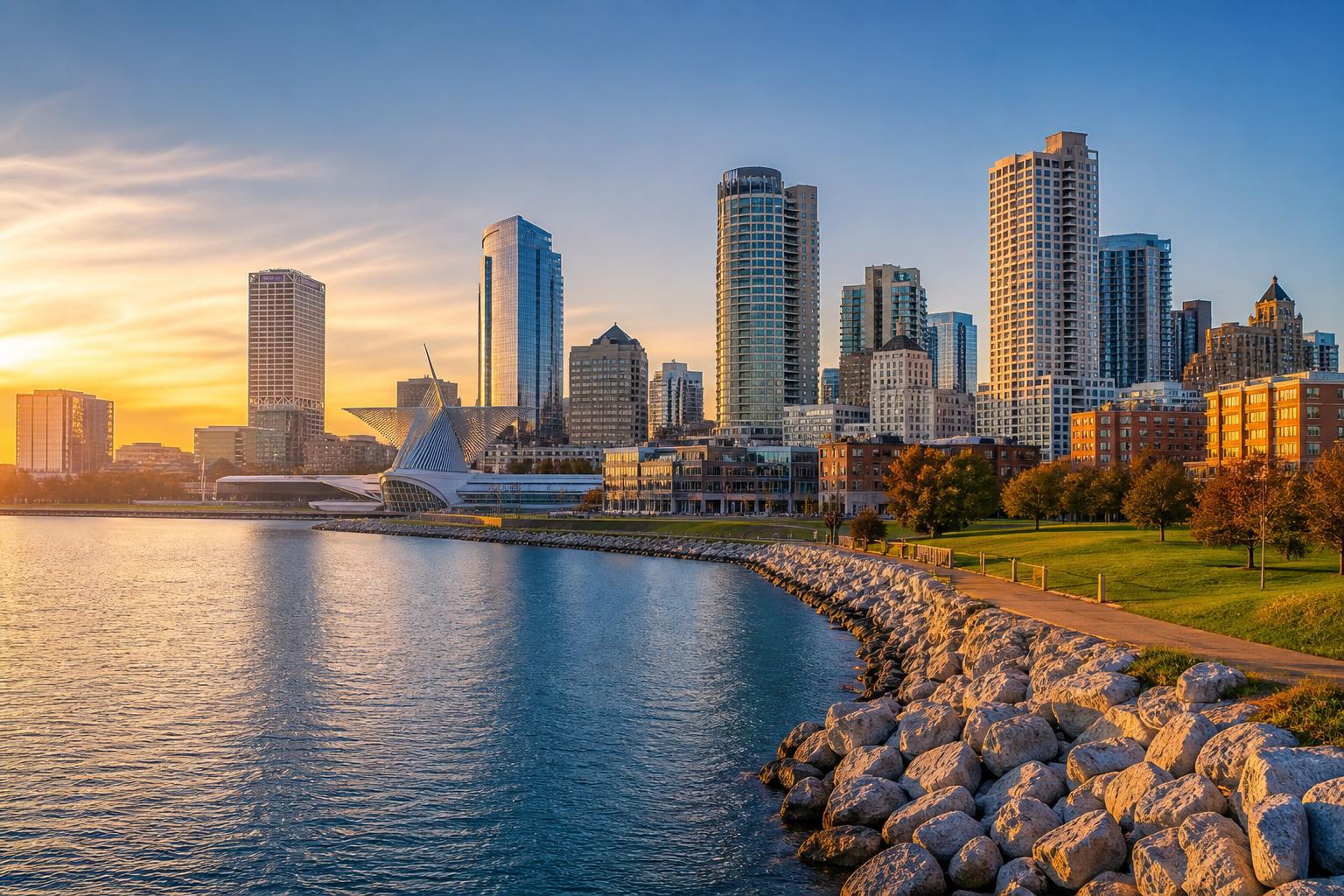 Milwaukee, Wisconsin skyline and Lake Michigan waterfront at golden hour