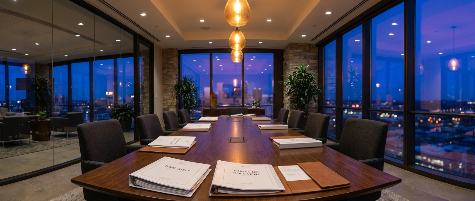 Multiple lender term sheets and financing documents spread on a boardroom table