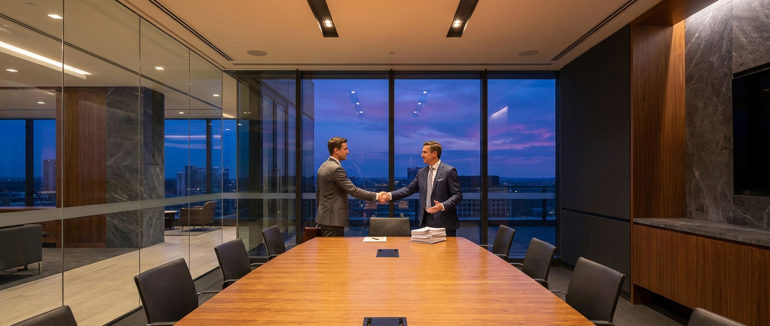 Loan officer and investor shaking hands over multifamily financing documents at dusk