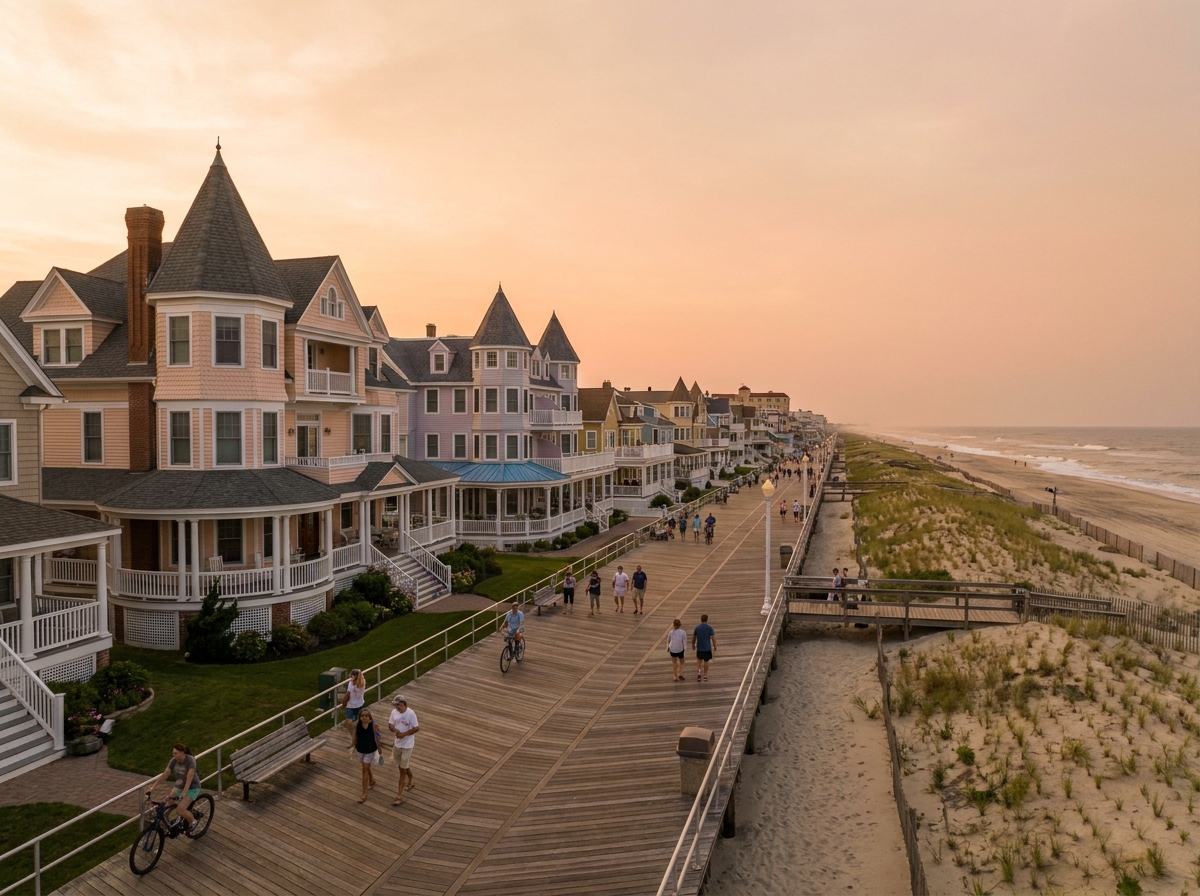New Jersey shoreline boardwalk town at golden hour