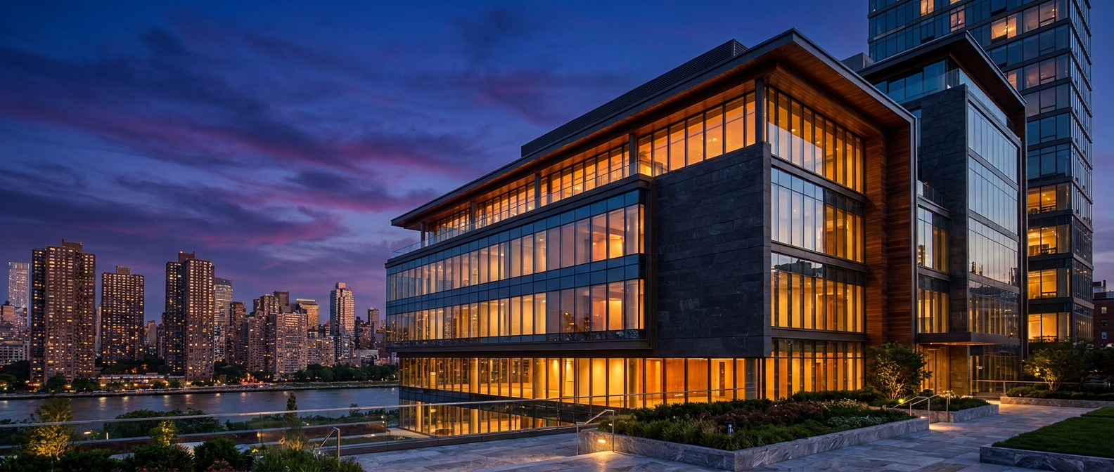 New York City skyline at twilight with dense multifamily apartment towers