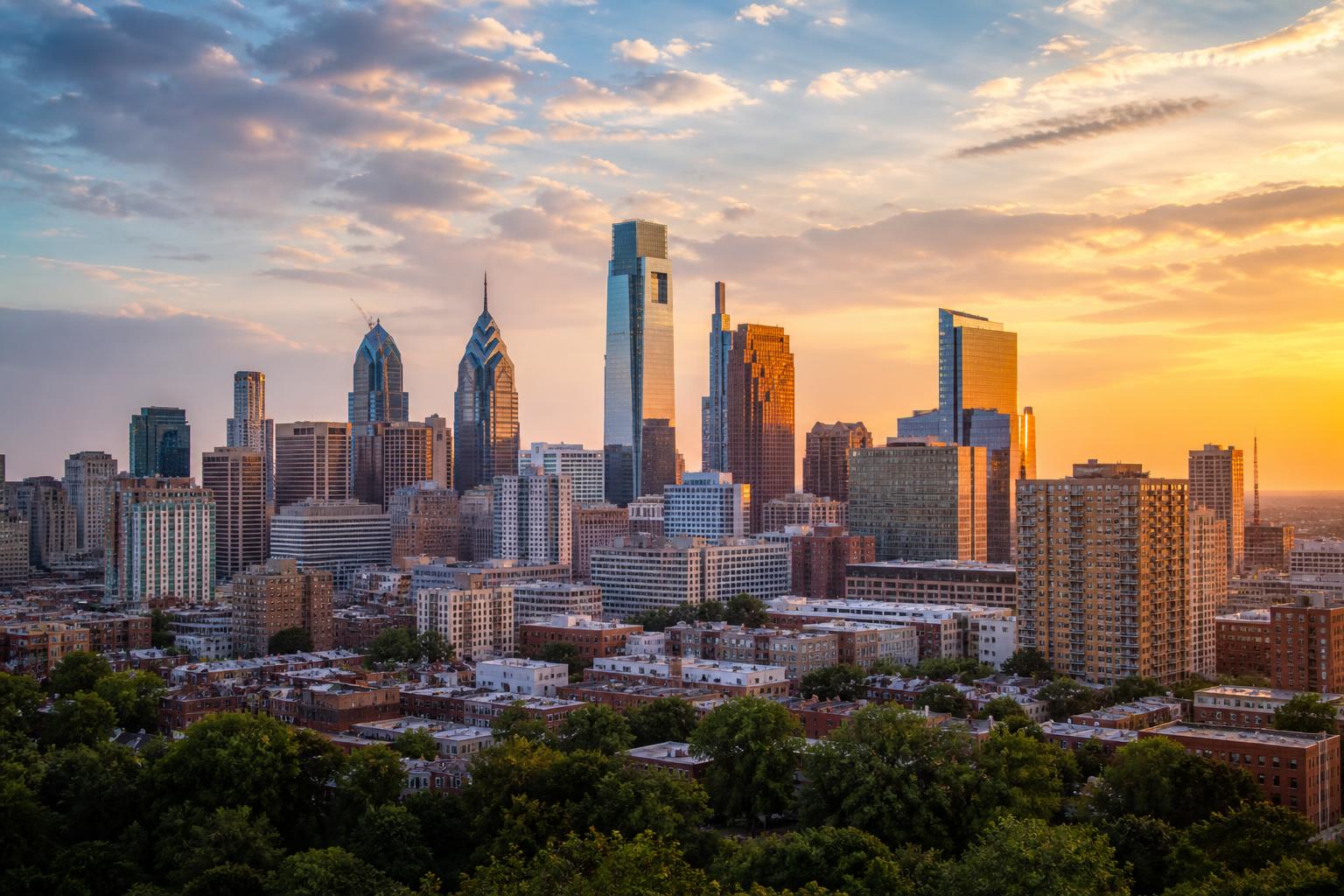 Philadelphia, Pennsylvania skyline along the Schuylkill River at golden hour