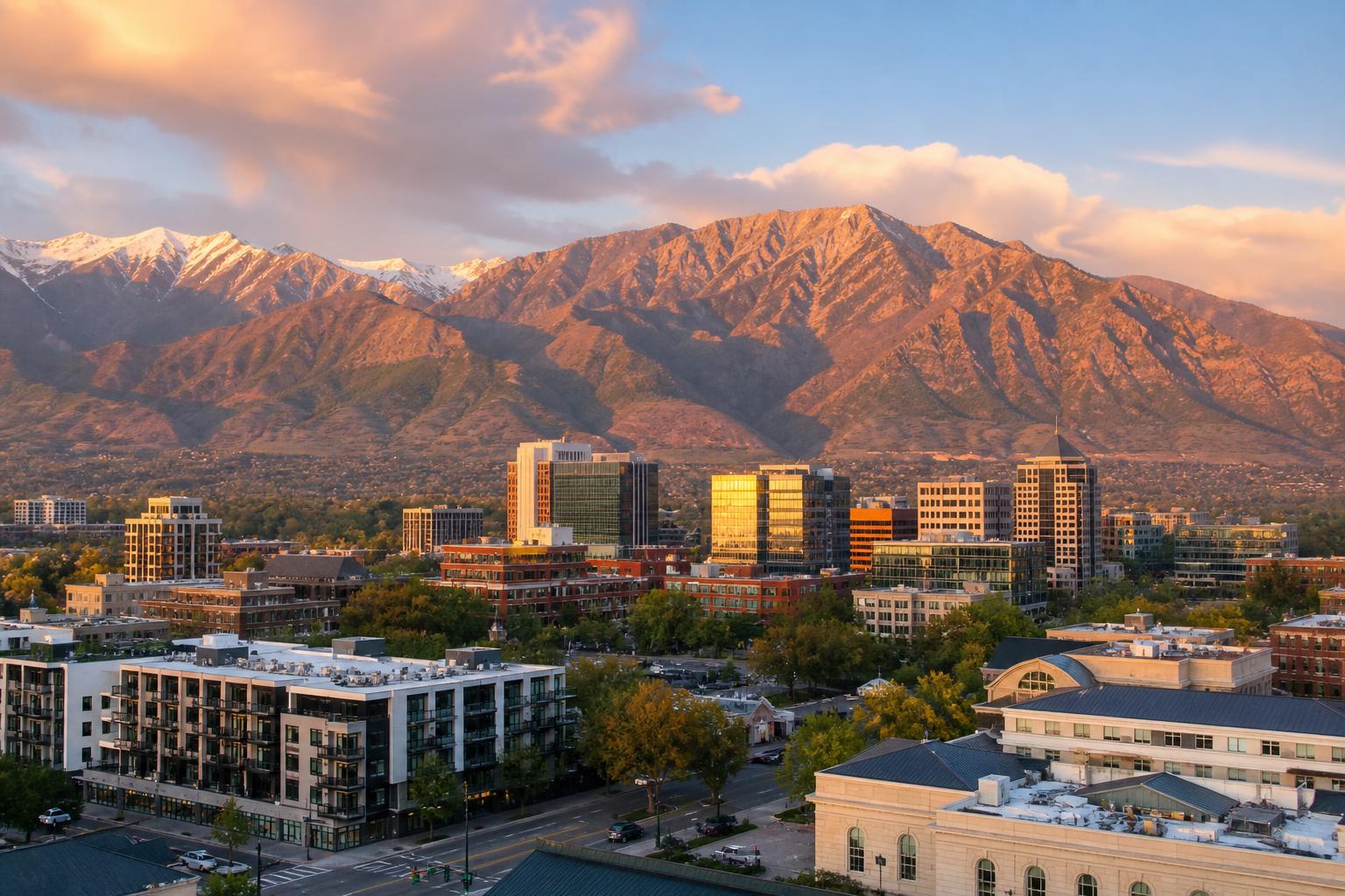 Downtown Provo, Utah with the Wasatch mountains in the background at golden hour