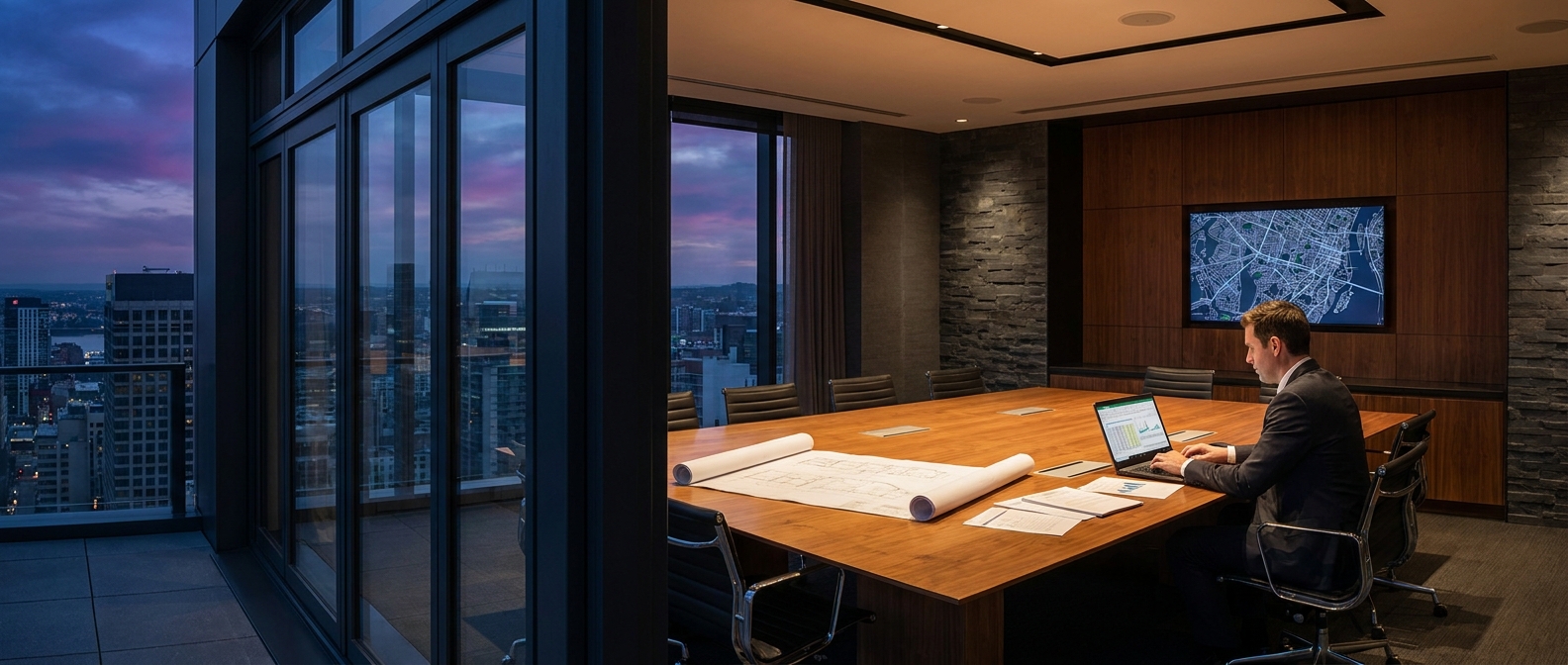 Analyst calculating underwriting metrics on a laptop beside a building blueprint
