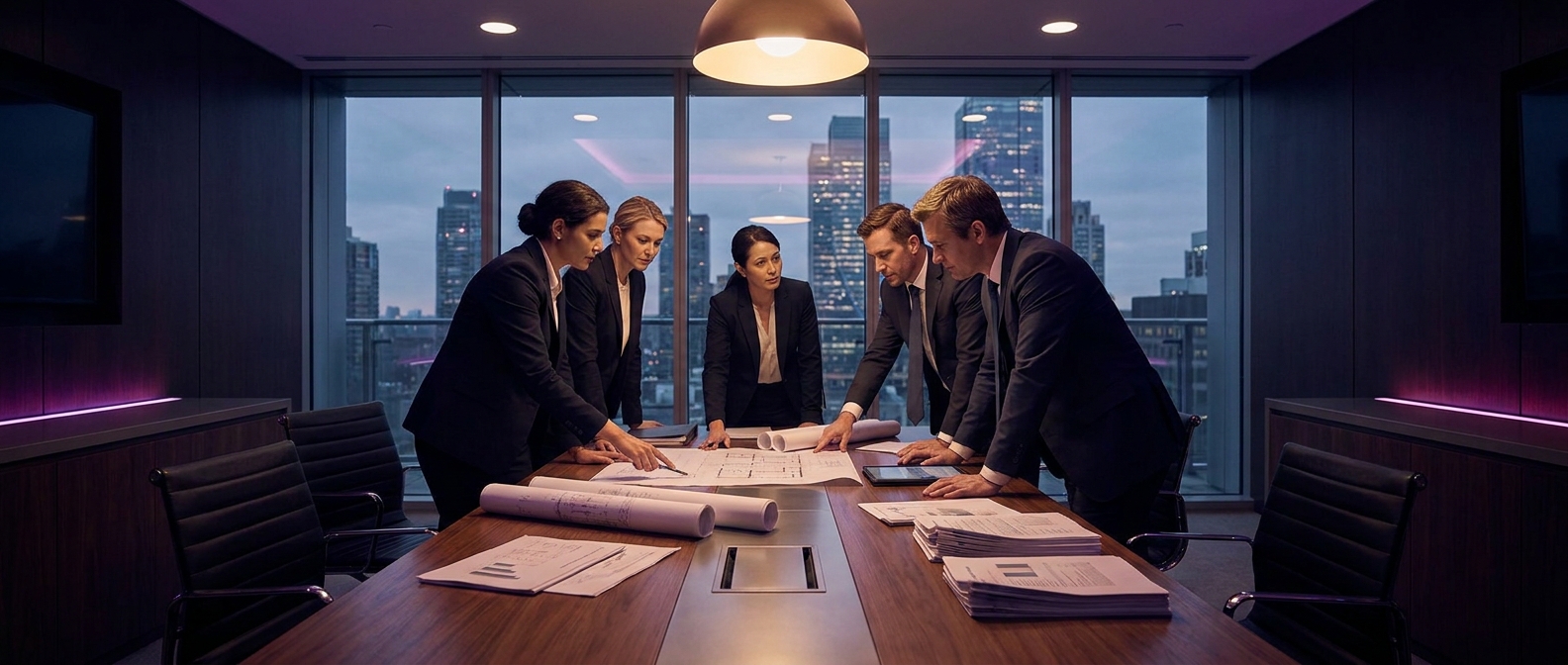 Investment professionals reviewing a real estate syndication deal and blueprints in a modern office