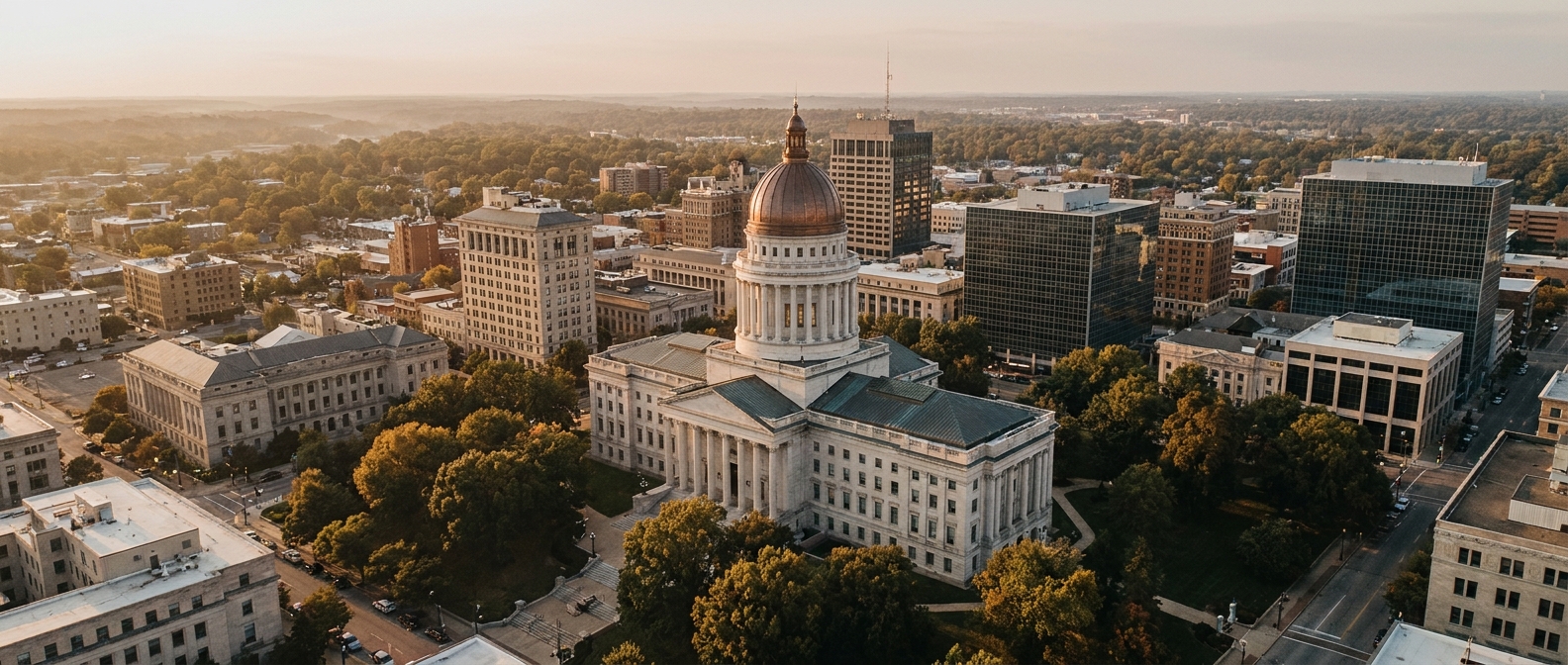 Aerial view of a US state capitol building and downtown government district at golden hour