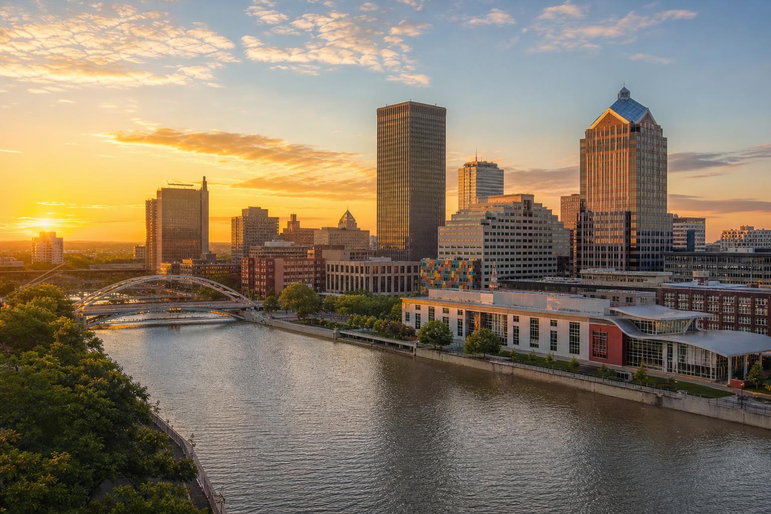 Downtown Rochester, New York along the Genesee River at golden hour