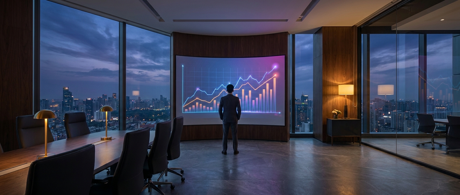 Analyst reviewing a Federal Reserve rate path chart on a boardroom screen at dusk