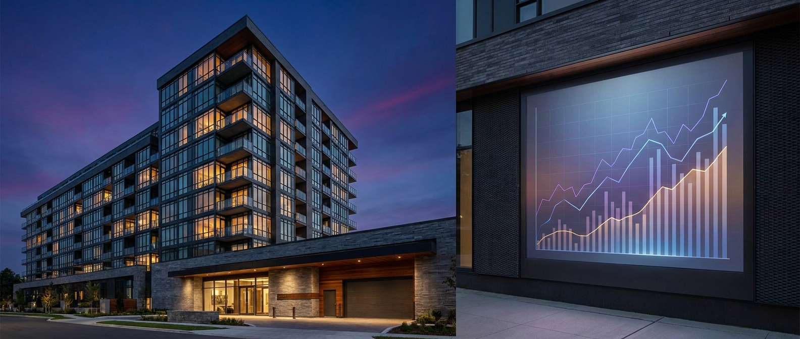 A GDP growth chart beside a thriving apartment building at twilight, representing resilient rental demand