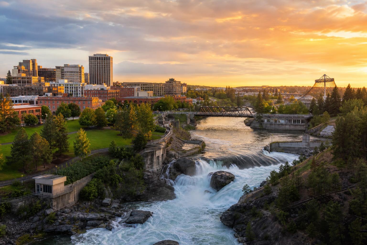 Downtown Spokane skyline and the Spokane River falls at golden hour