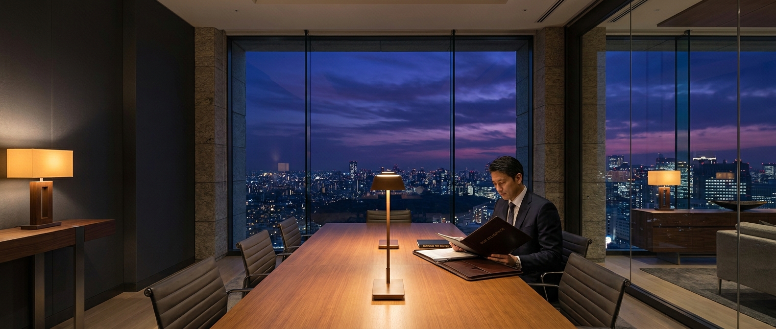Investor reviewing a due diligence binder and sponsor track record documents at a boardroom table
