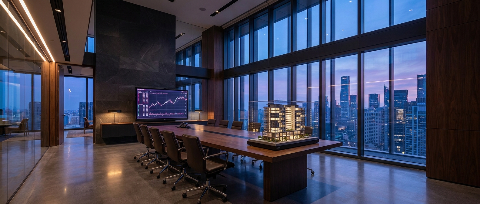 Stock market charts beside a tangible real estate building model, representing a rotation toward real assets