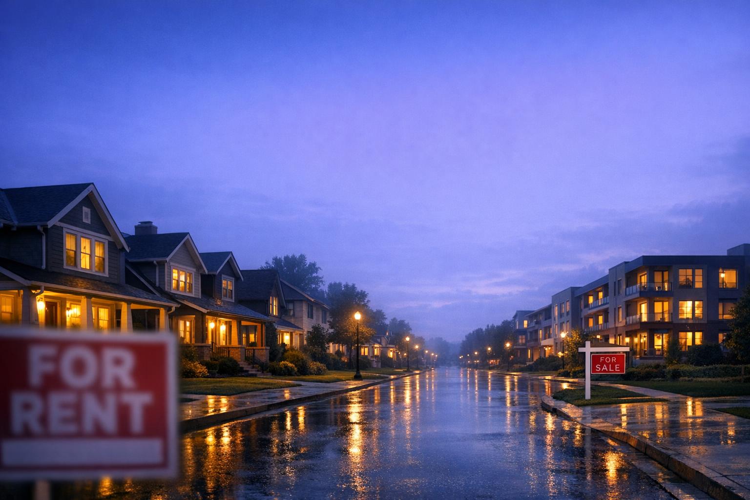 Twilight view of a suburban residential street with houses and low-rise apartment buildings, softly lit for-rent and for-sale yard signs visible along the block
