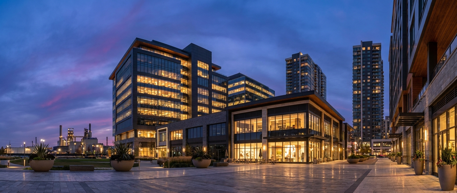 Wide U.S. city skyline at twilight with multiple real estate property types visible