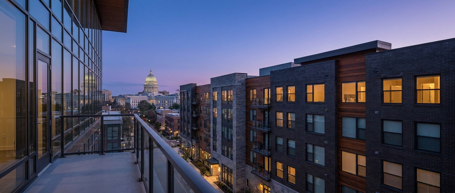 Washington D.C. skyline at twilight with multifamily apartment buildings