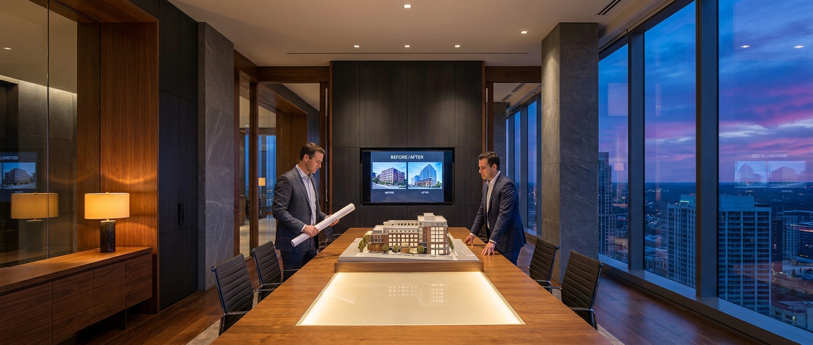 Architect and investor reviewing a renovation blueprint next to a property model
