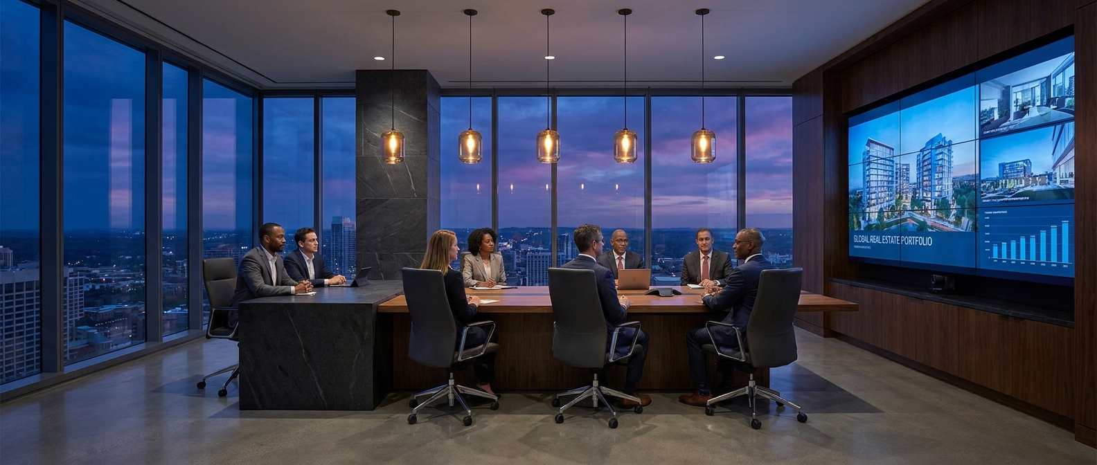 Institutional investment committee reviewing a real estate portfolio presentation in a boardroom