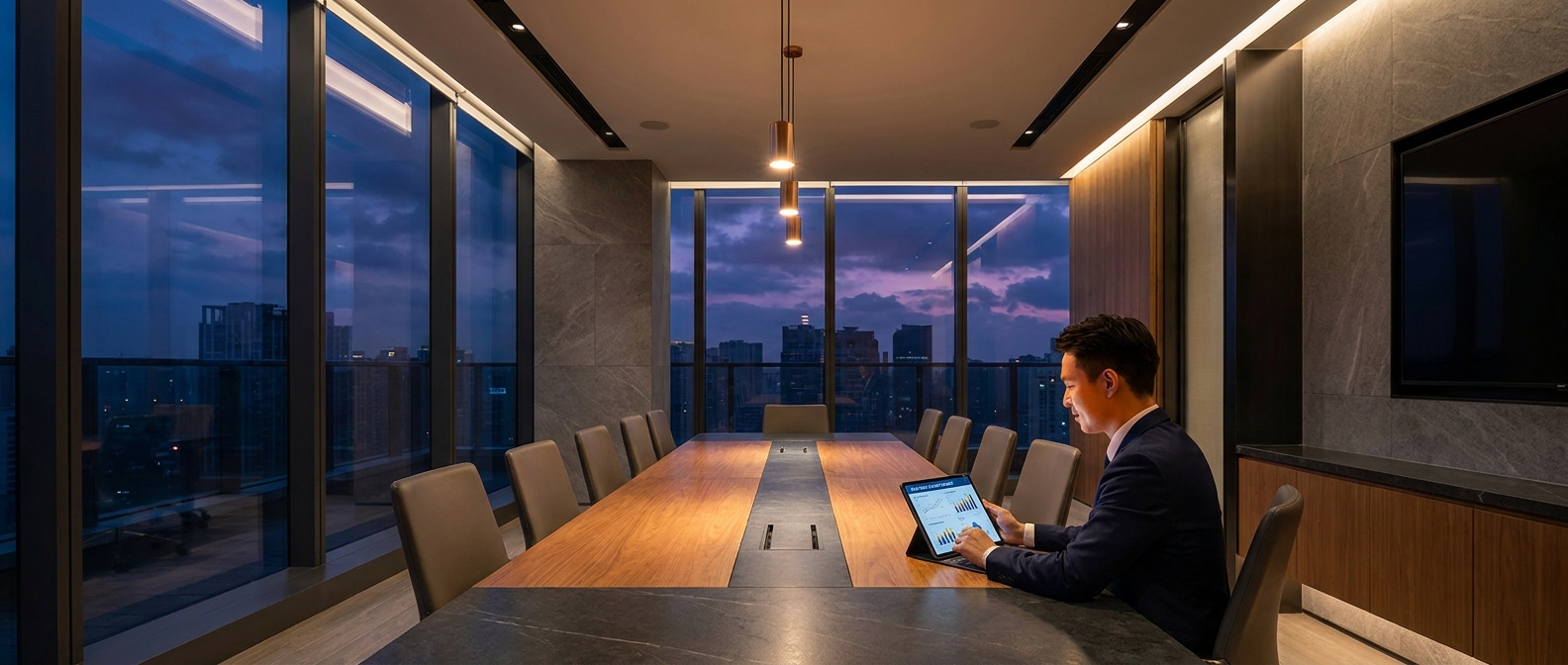 Analyst reviewing a cap rate survey report on a tablet at a boardroom table