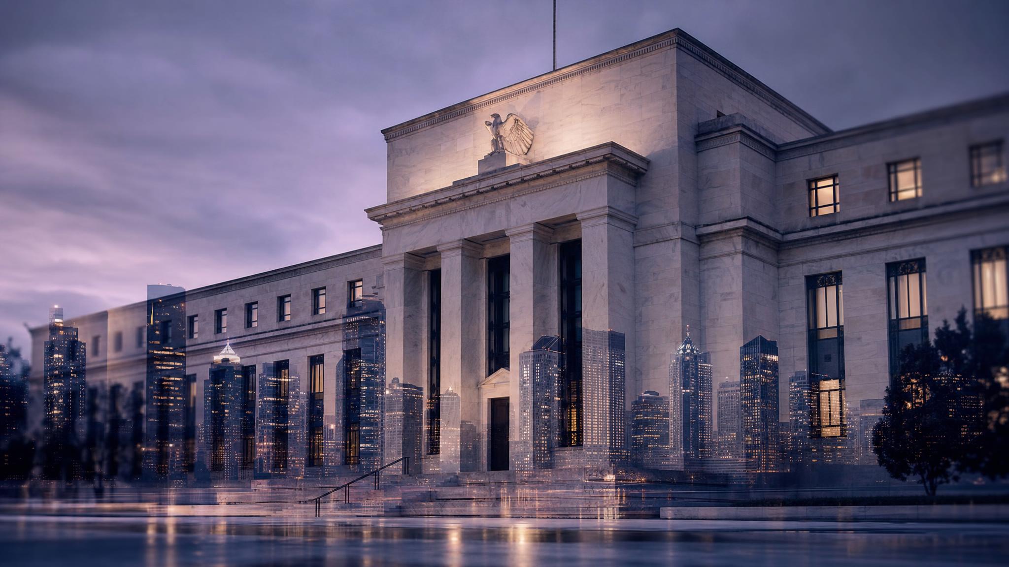 Monumental government-style building facade at dusk overlaid with a muted city skyline, representing Federal Reserve policy and its effect on US real estate markets