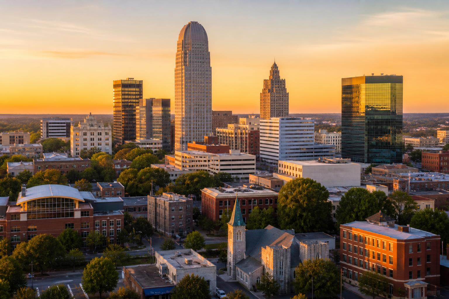 Downtown Winston-Salem, North Carolina skyline at golden hour