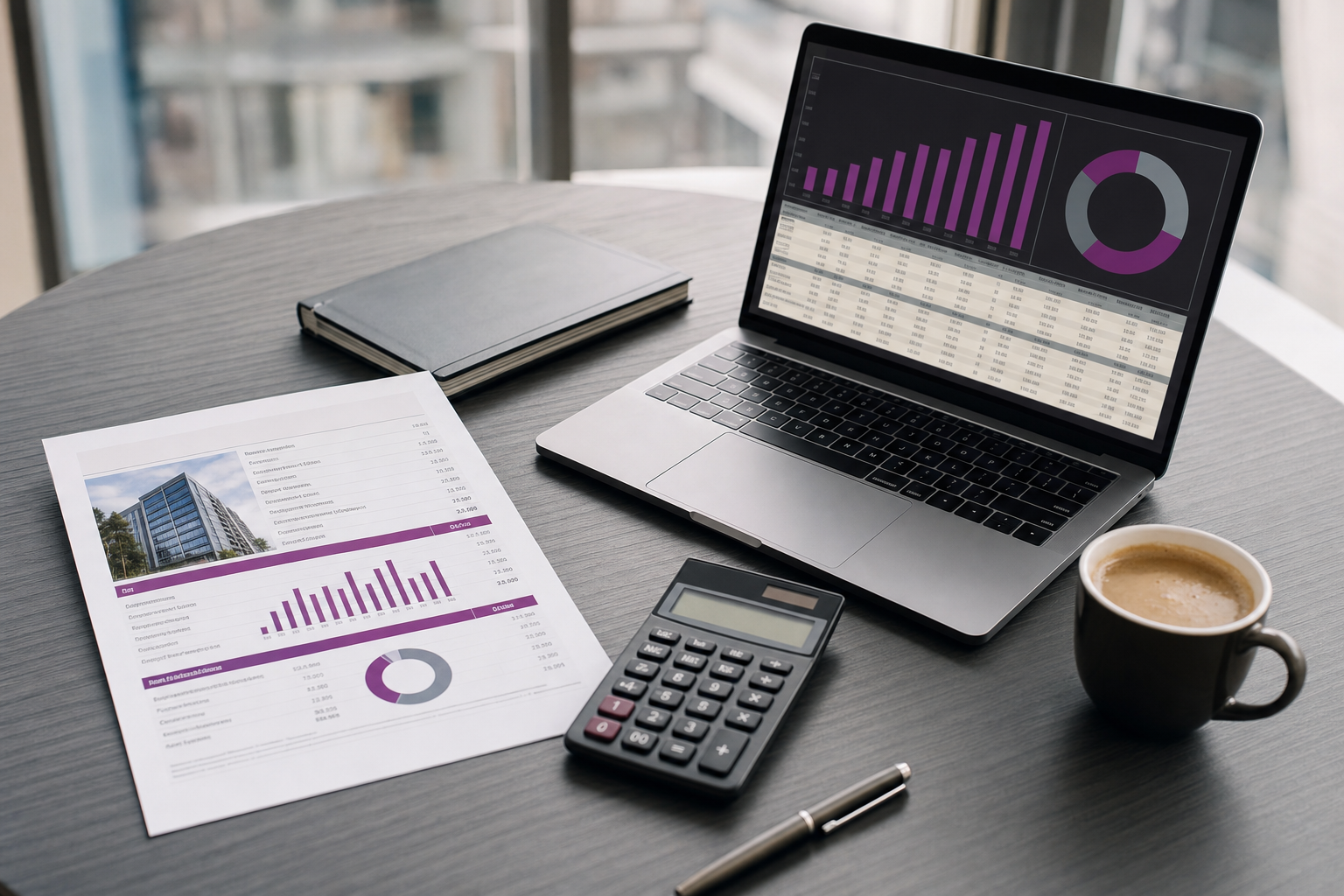 Desk with a laptop showing financial charts, a printed real estate summary, and a calculator