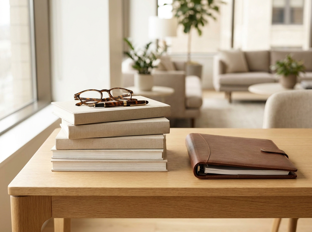 Stack of investment guides and a leather portfolio on a desk, representing the Investo Learn guides library