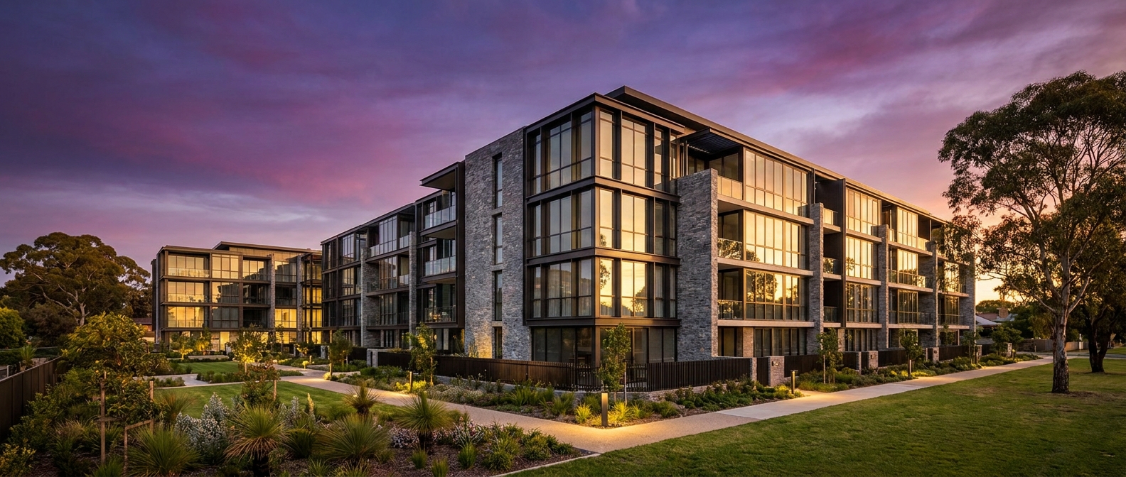 Modern multifamily apartment building exterior representing passive real estate investing