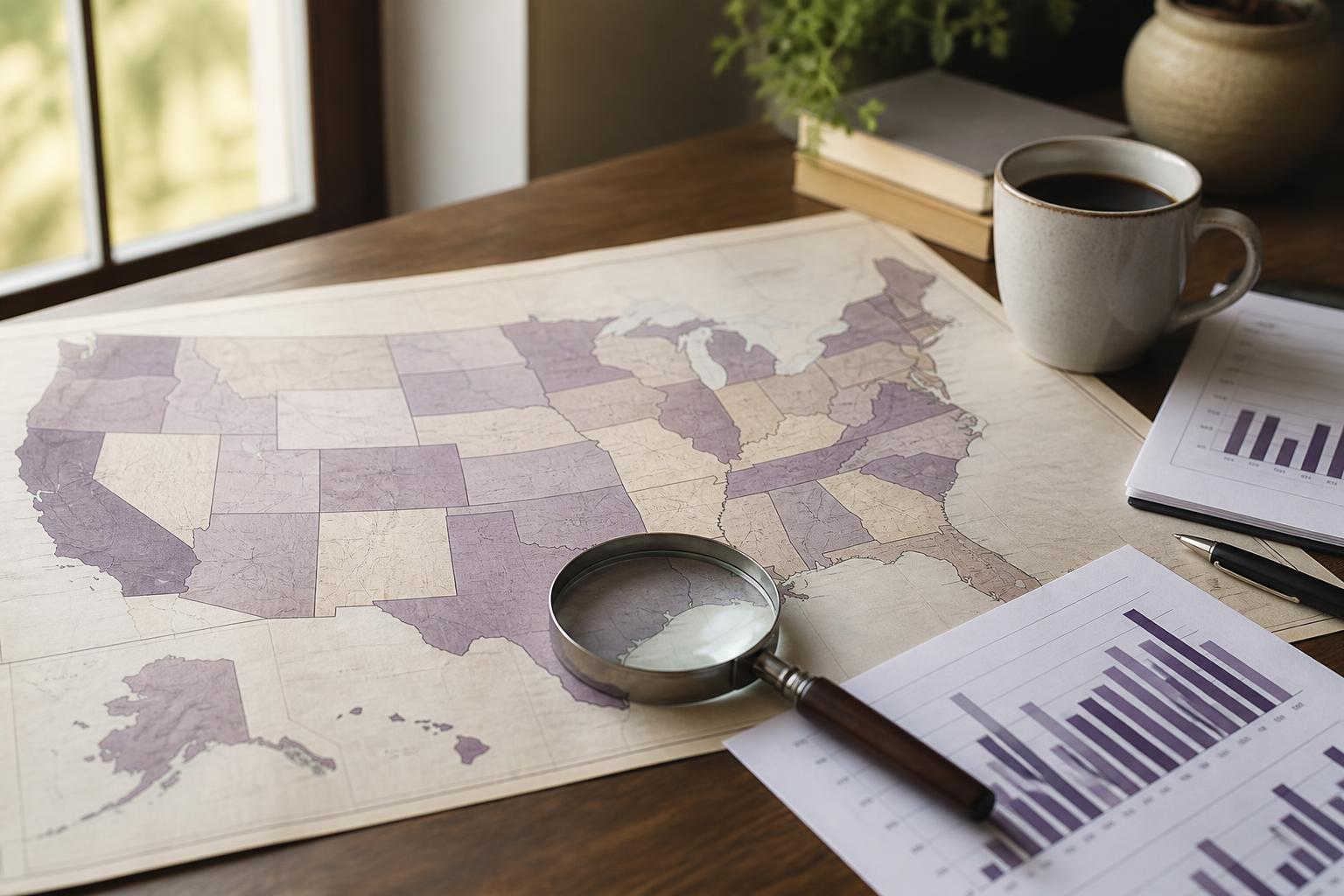 Map of the United States with real estate market data and city skylines, representing Investo Learn regional market analysis