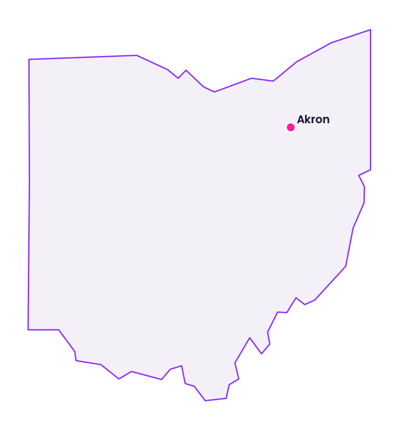 Map of Ohio showing the location of Akron