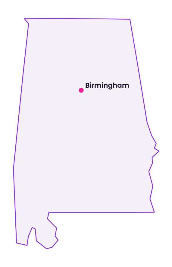 Map of Alabama showing the location of Birmingham