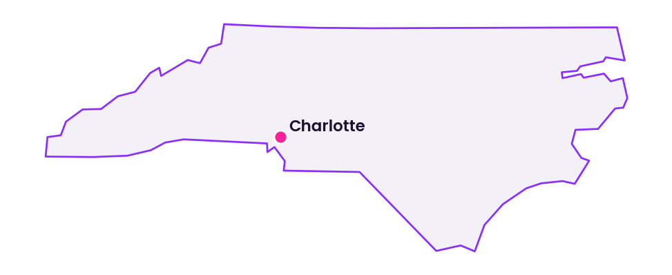 Map of North Carolina showing the location of Charlotte