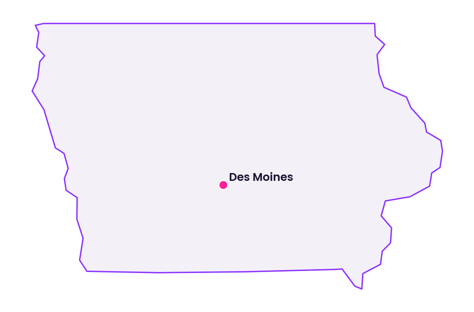 Map of Iowa showing the location of Des Moines