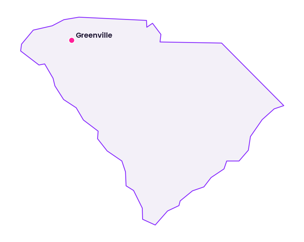 Map of South Carolina showing the location of Greenville