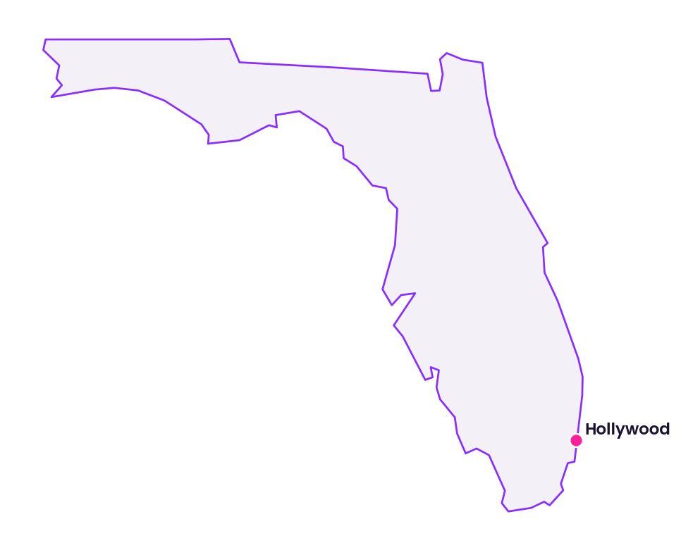 Map of Florida showing the location of Hollywood