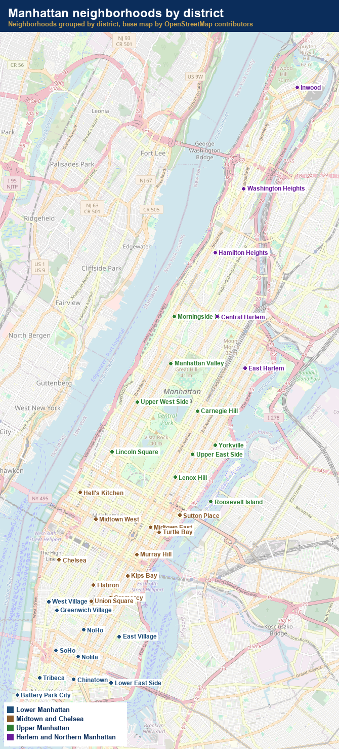 Map of Manhattan neighborhoods by district